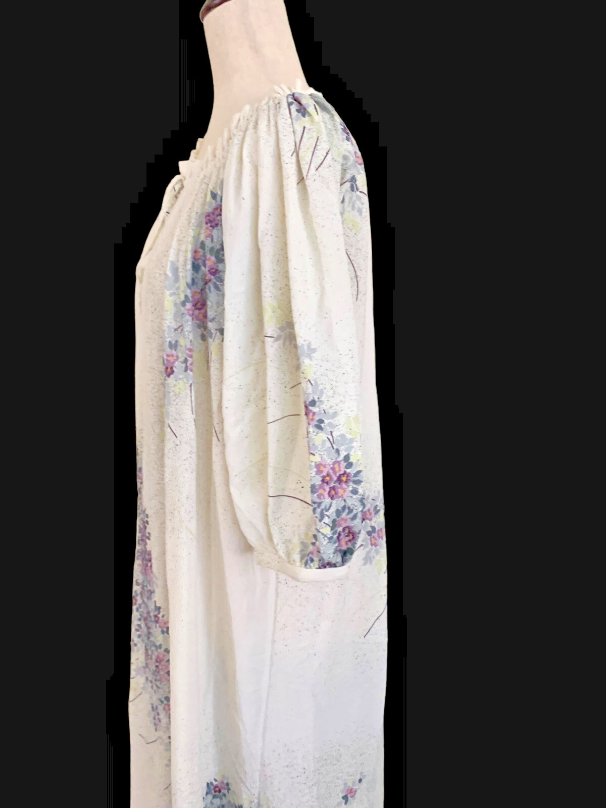 Cinch Neck Maxi Night Gown Cottage Prairie Vintage Lavender Floral 1960s Size L