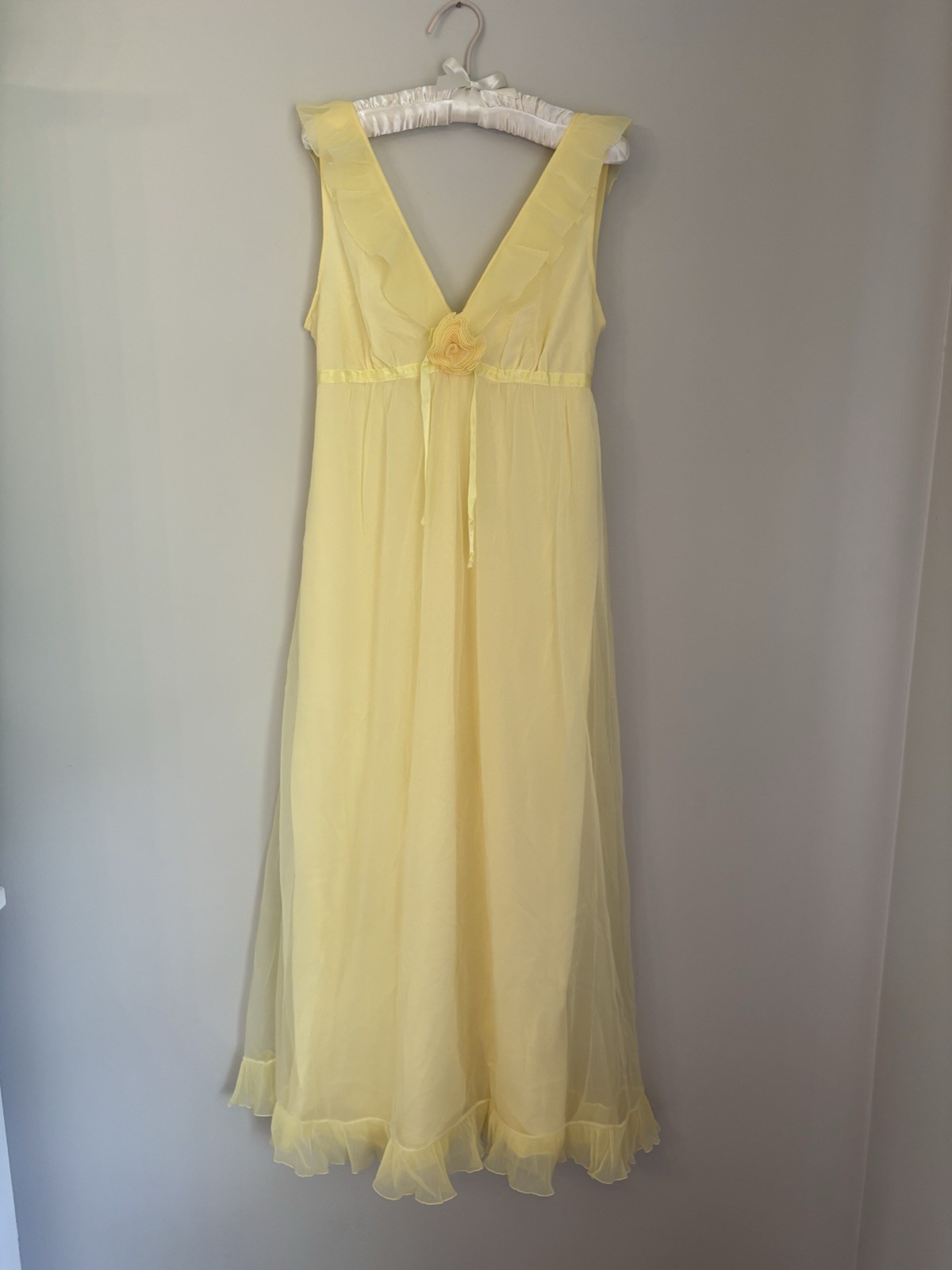 Vtg Evette 60s Nylon Sheer Pastel Yellow Nightgown MCM L Large USA Ruffle Gown