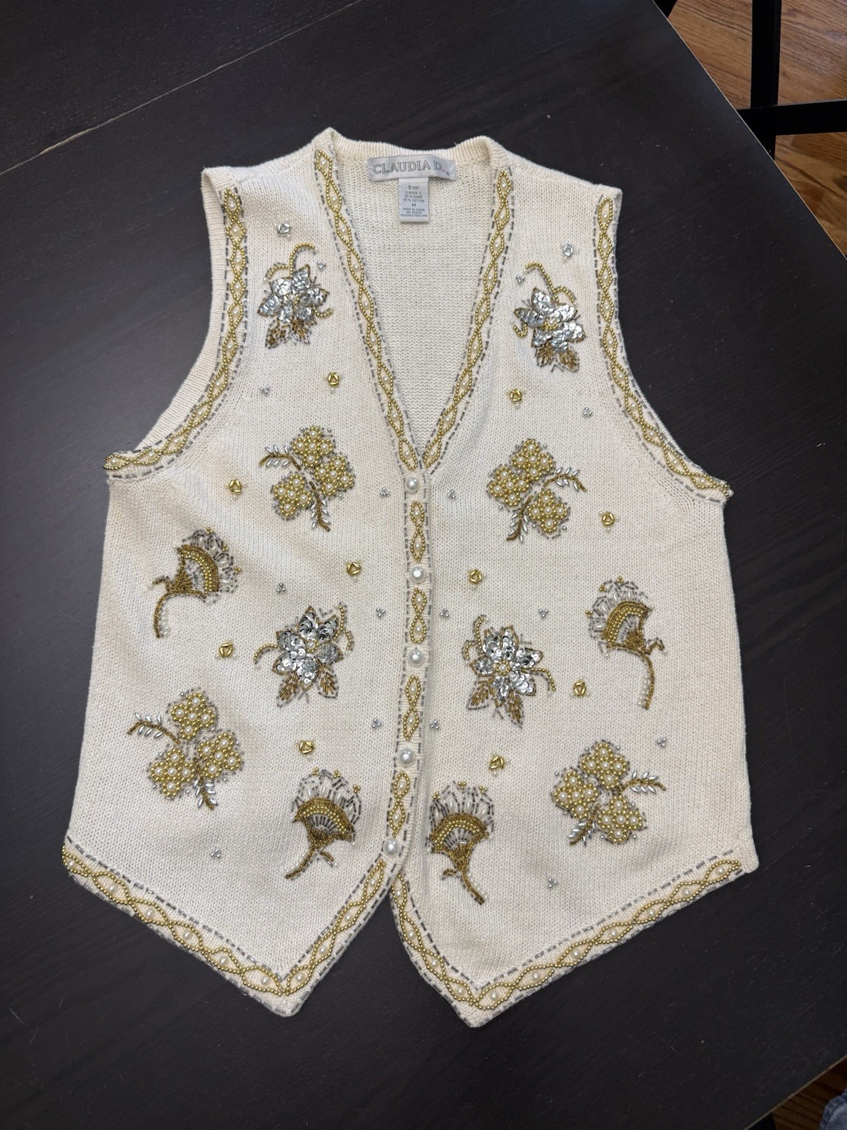 Vintage Claudia D Beaded Sweater Vest Gold Pearl M 90s