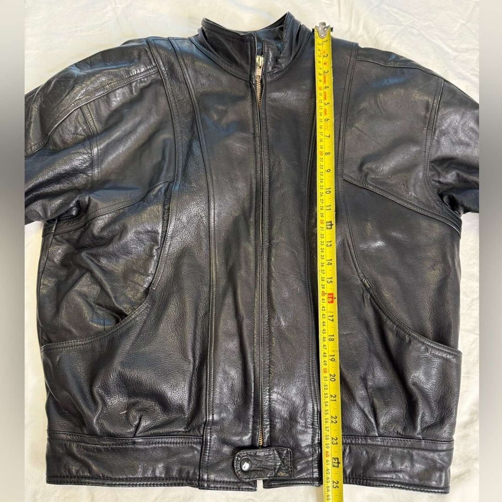 Vintage 90s Black Leather Jacket L Sherpa Lined Minimalist Moto YKK Zip