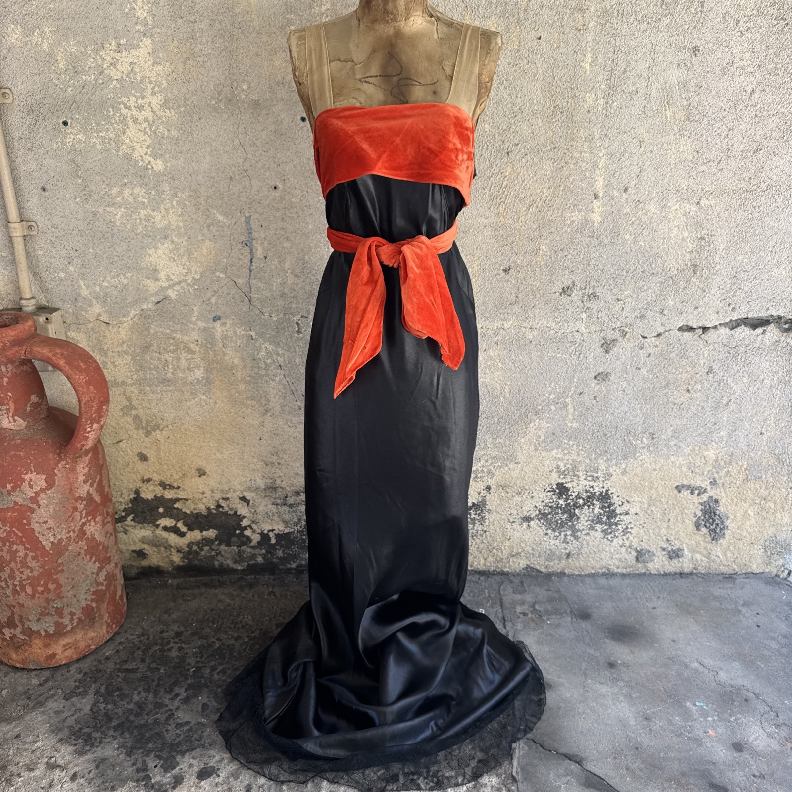 Vintage 1930s Black Silk Satin Dress Orange Silk Velvet Bow Wrap Lace Trim Bias
