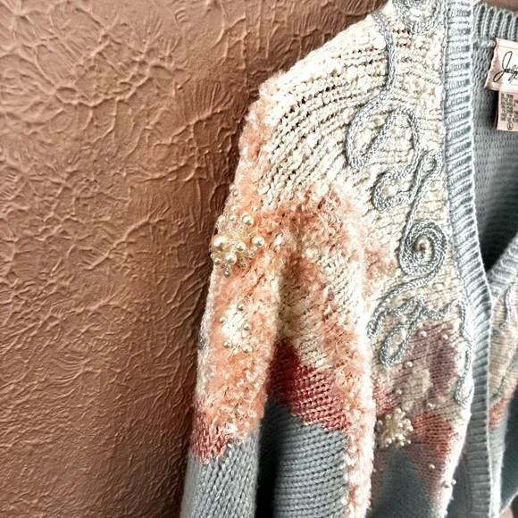 Jaclyn Smith Vintage Sweater Chunky Beaded 80s Pastel LARGE Coquette bows