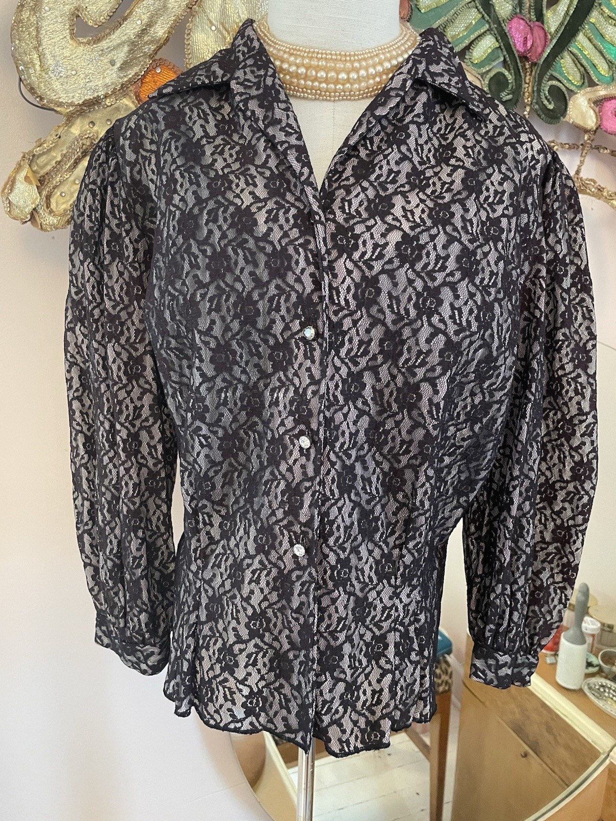Sheer Black Lace Button-Front Women’s Blouse 1950s- 60s Rhinestone Buttons