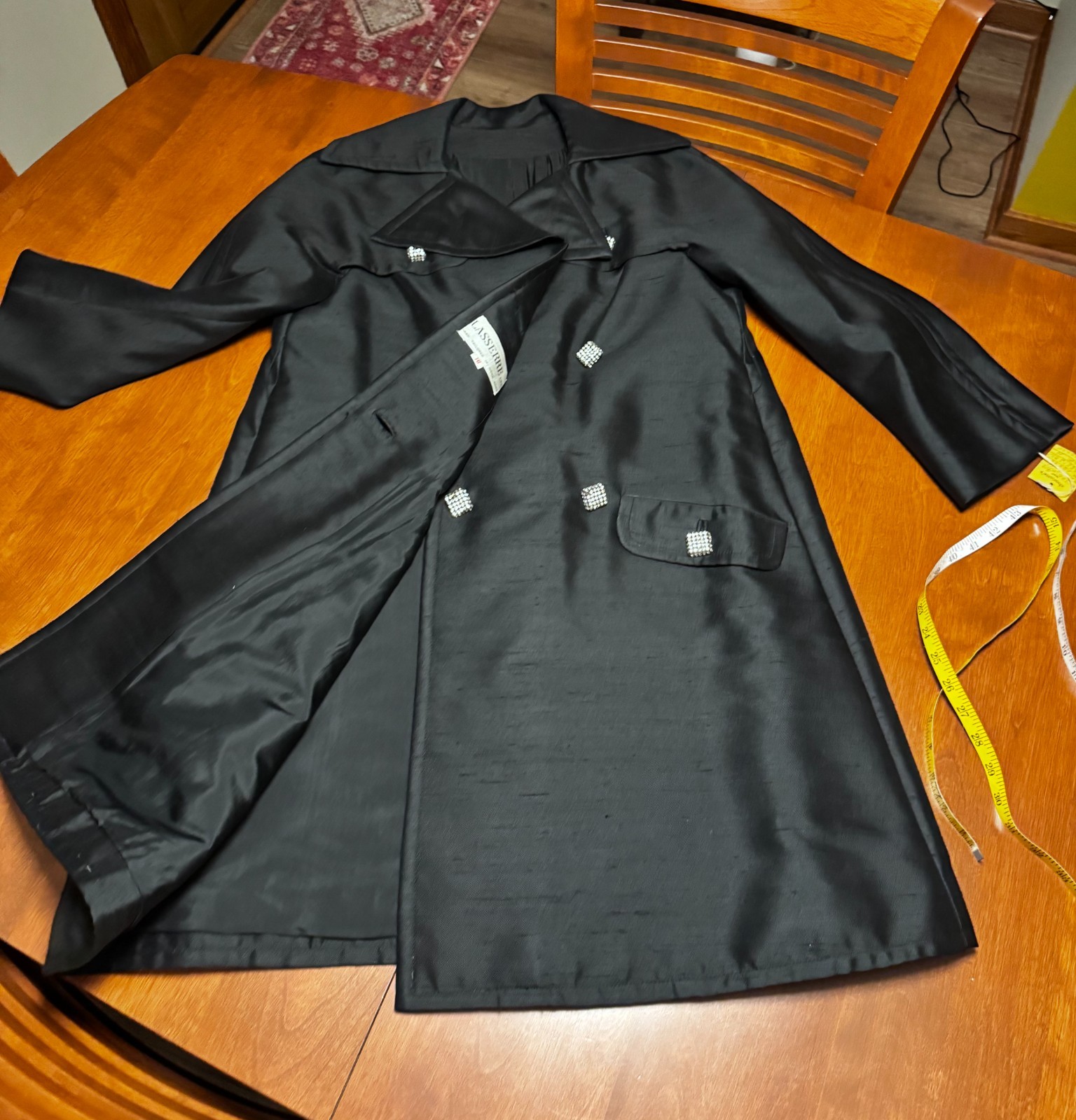Vtg Coat 60s MOD Trench Wool Silk 3D Square Rhinestone Buttons Lasserre NOS NWT