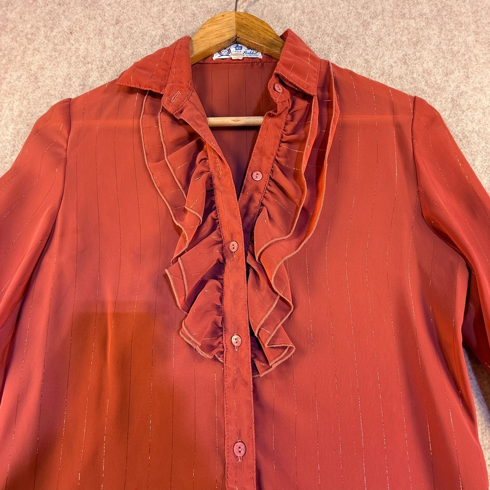 White Rabbit Vintage Terracotta Red Ruffle Blouse Gold Metallic Pinstripe Size 7