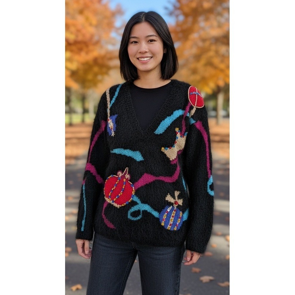 Vintage Marisa Christina Sweater Mohair Blend V-Neck Holiday Grandmacore Sz M/L