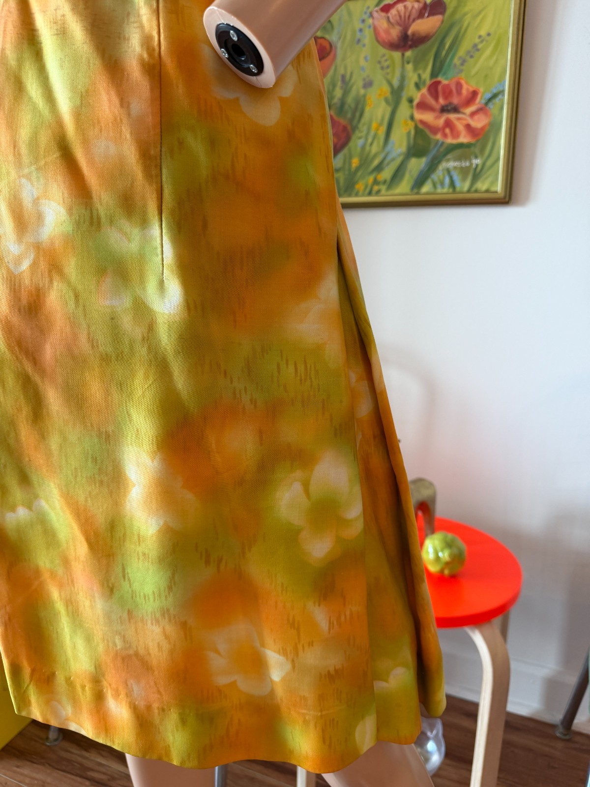 🍊 Vtg 50s Silk Citrus Atomic Floral Side Pleat Structure Cocktail Dress M