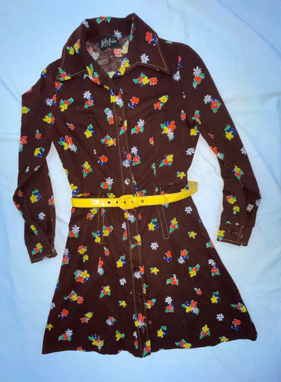 VTG 60S 70 WOMENS BROWN CUTE BABY DOLL MOD GOGO DISCO BUTTON FLOWER PRINT DRESS