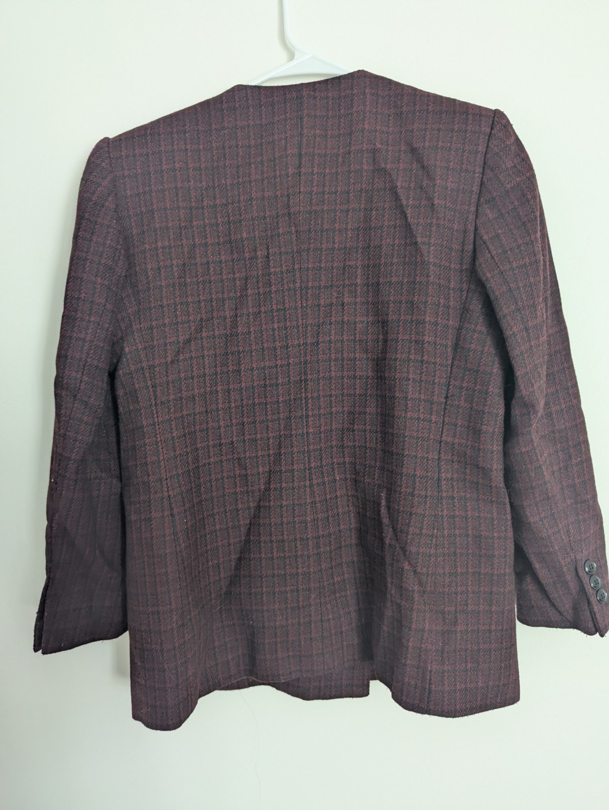 Vtg 80s Burgundy Houndstooth Wool Blazer Petite 6 Power Shoulder Career Jacket