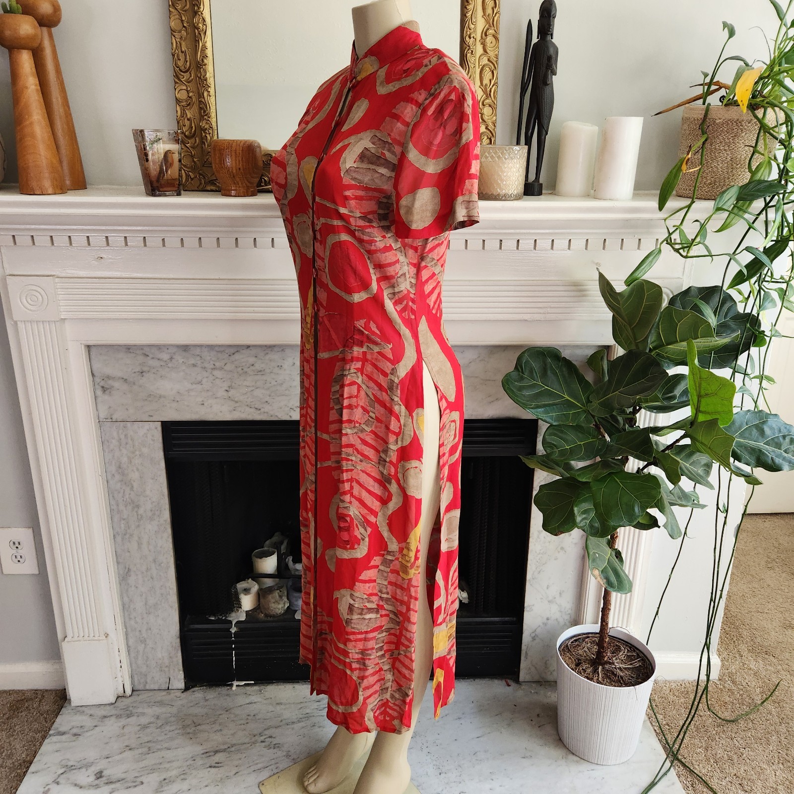 Vintage Y2K Joseph Ribkoff Red Tunic Brown Graphic Art To Wear Boho Size 10