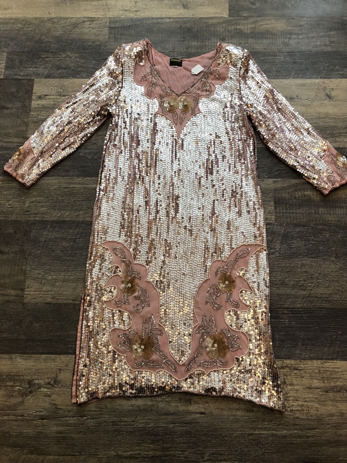 1970’s -80’s Vintage Pale Blush Pink Sequin Sheath Dress Medium