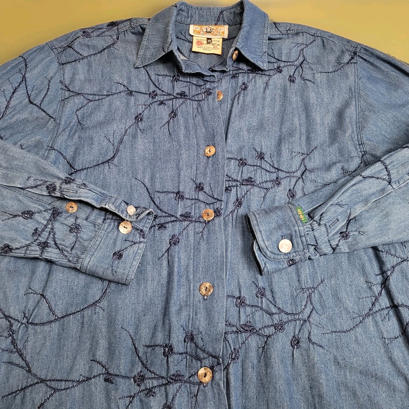 Vintage Gene Ewin BIS Shirt Womens M Wrinkled Rich Denim Embroidered 90’s USA
