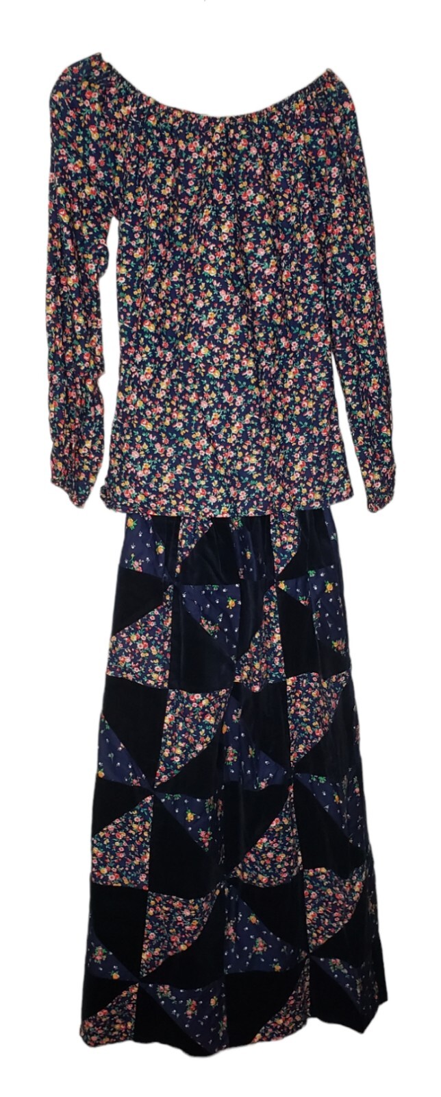 Navy Blue Floral Top & Dark Navy Velvet & Floral Patchwork Maxi Skirt Dress Set