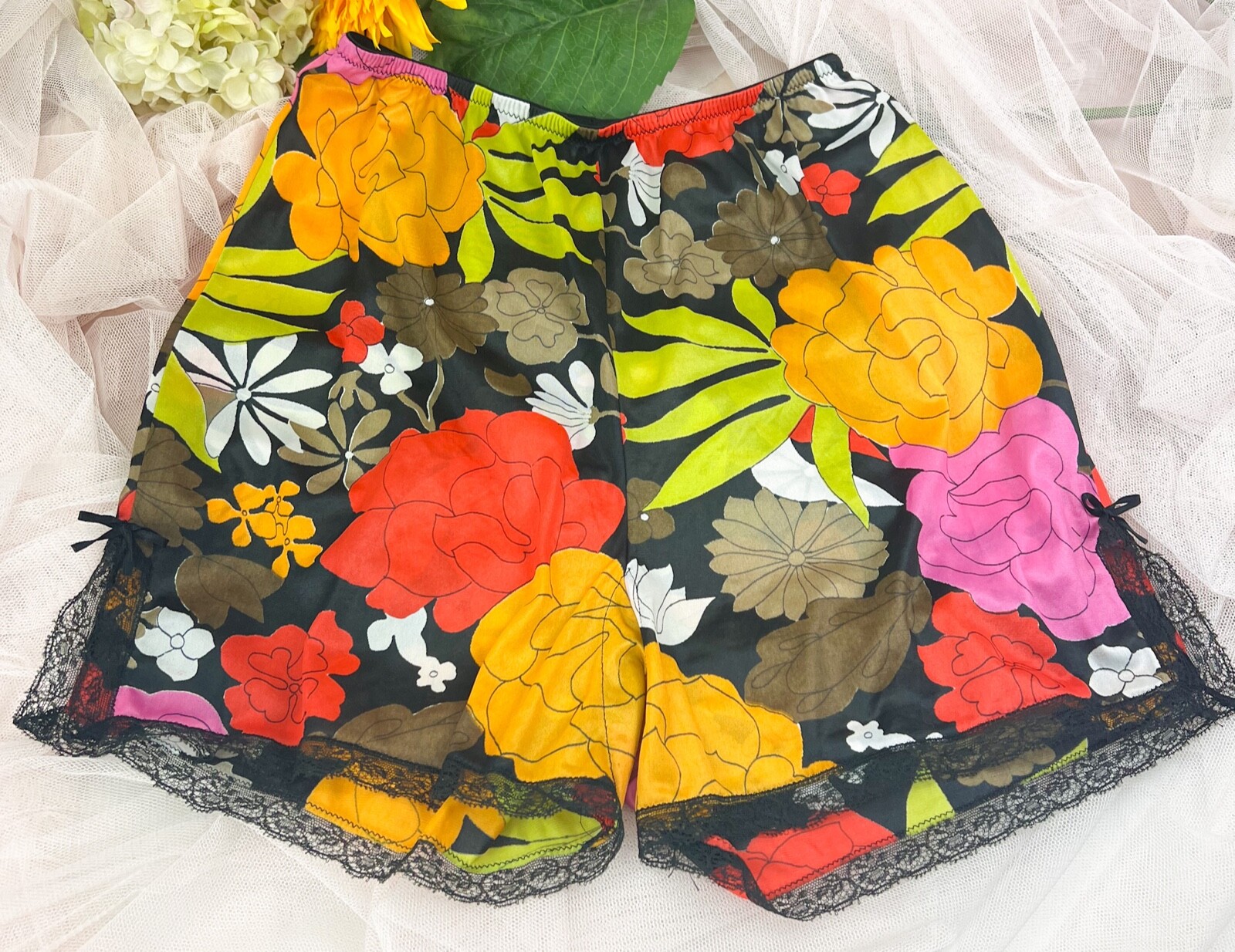 RETRO 1970’s Handmade Sleep/Lounge Shorts BRIGHT Multicolor Floral Silky-Sz XS