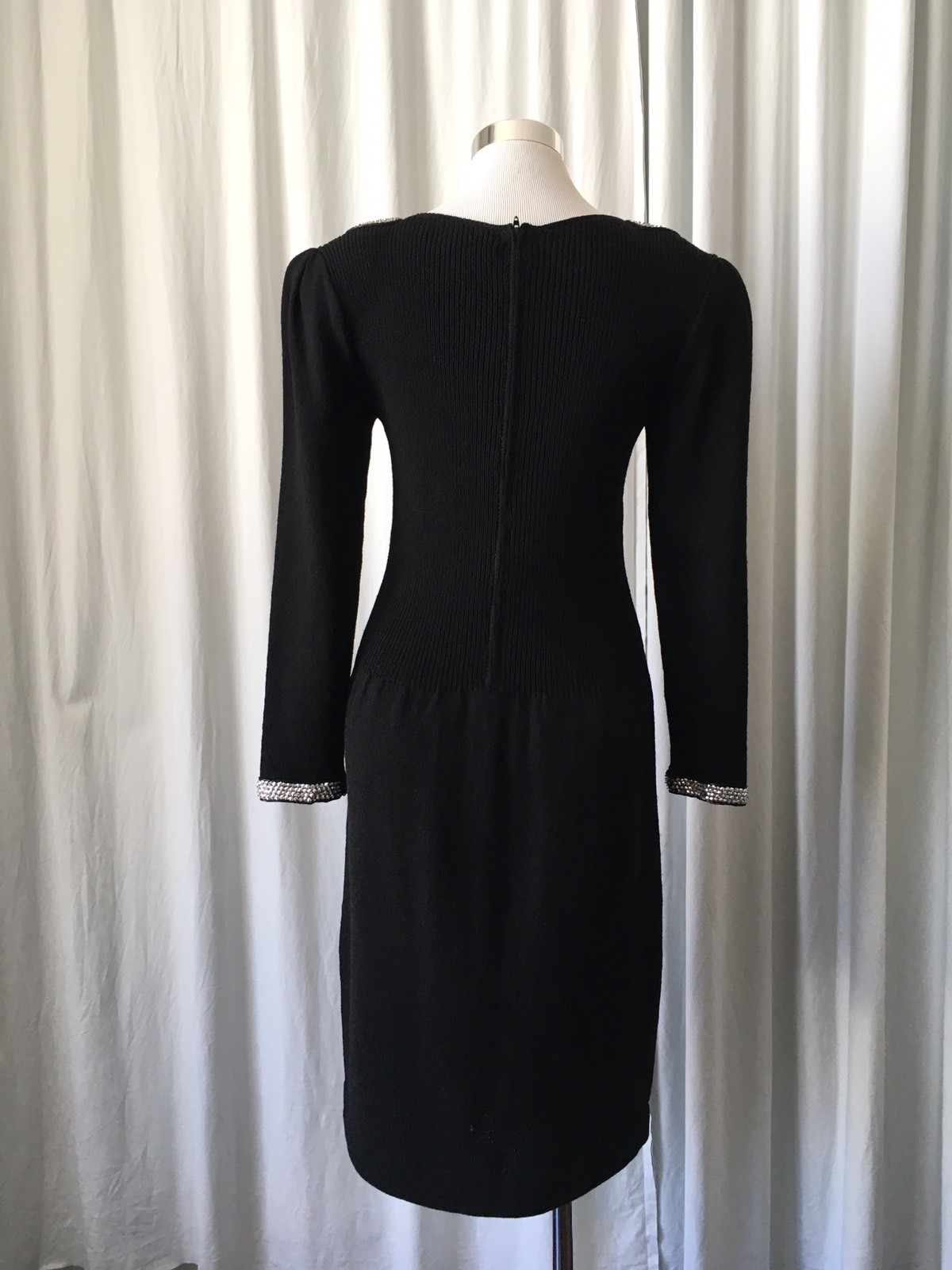 Vintage 70s DON SAYRES Knit black Dress Sequins Bow Bib S/M
