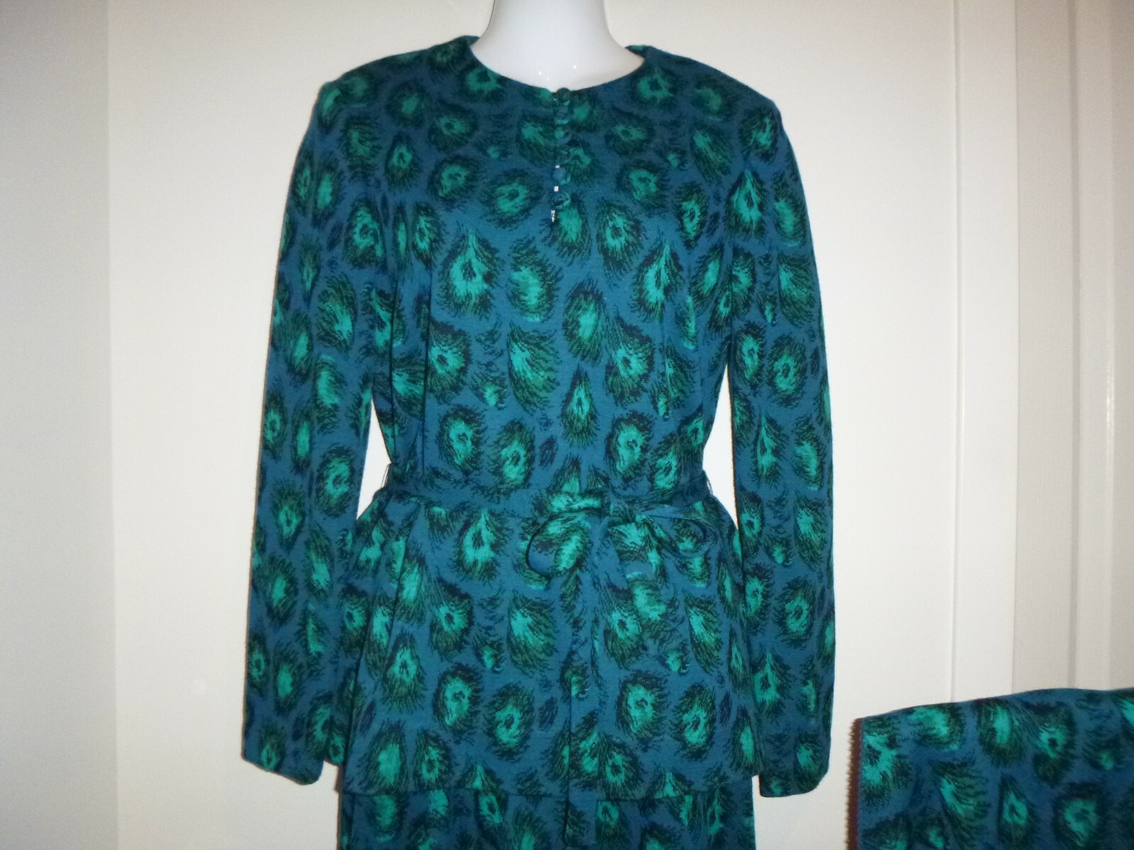 Vtg 60s Anjac Fashions Top Skirt & Scarf Knit Outfit Set Peacock Feathers Sz 12