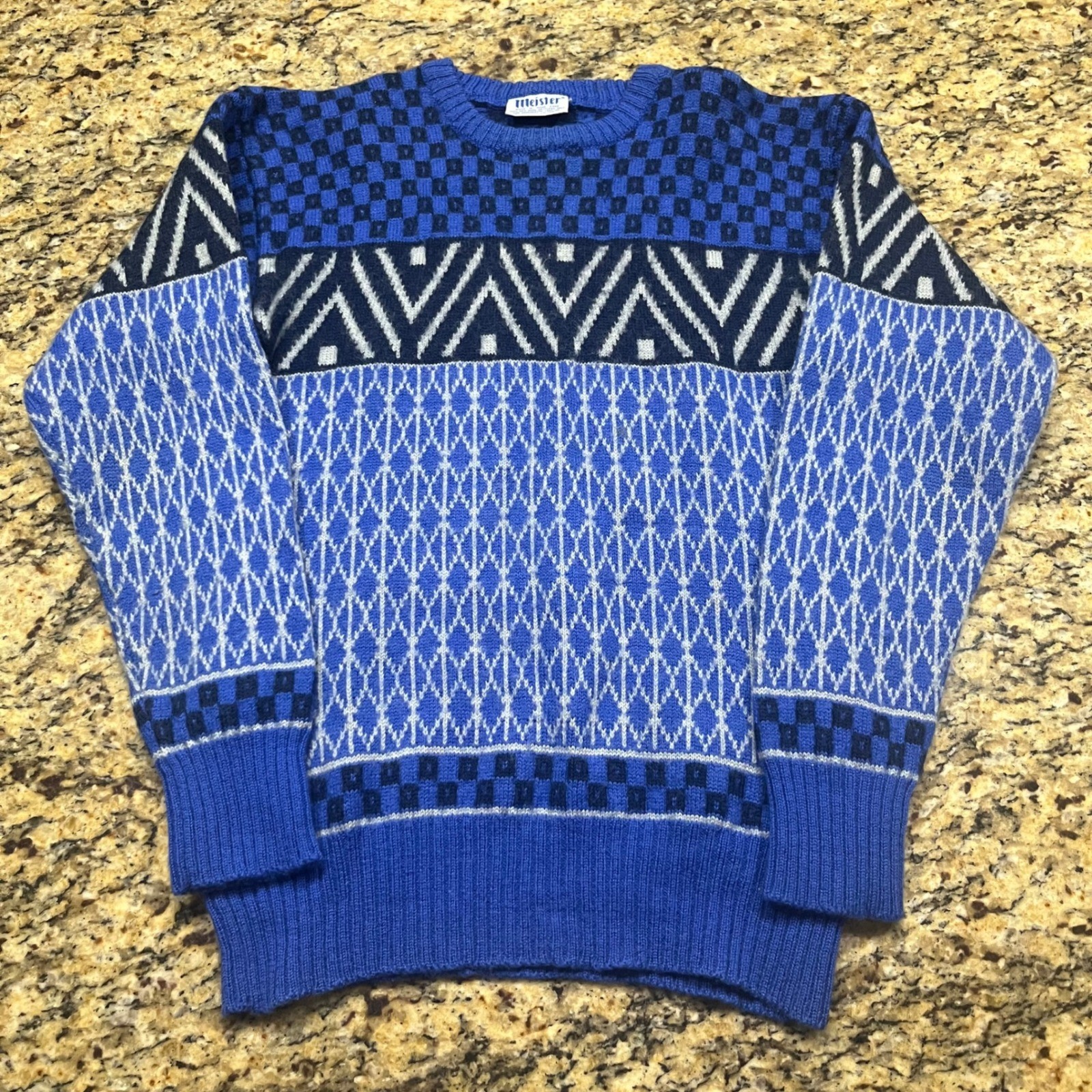 Vintage Meister 100% Wool Blue Geometric Fair Isle Crewneck Sweater Women Small