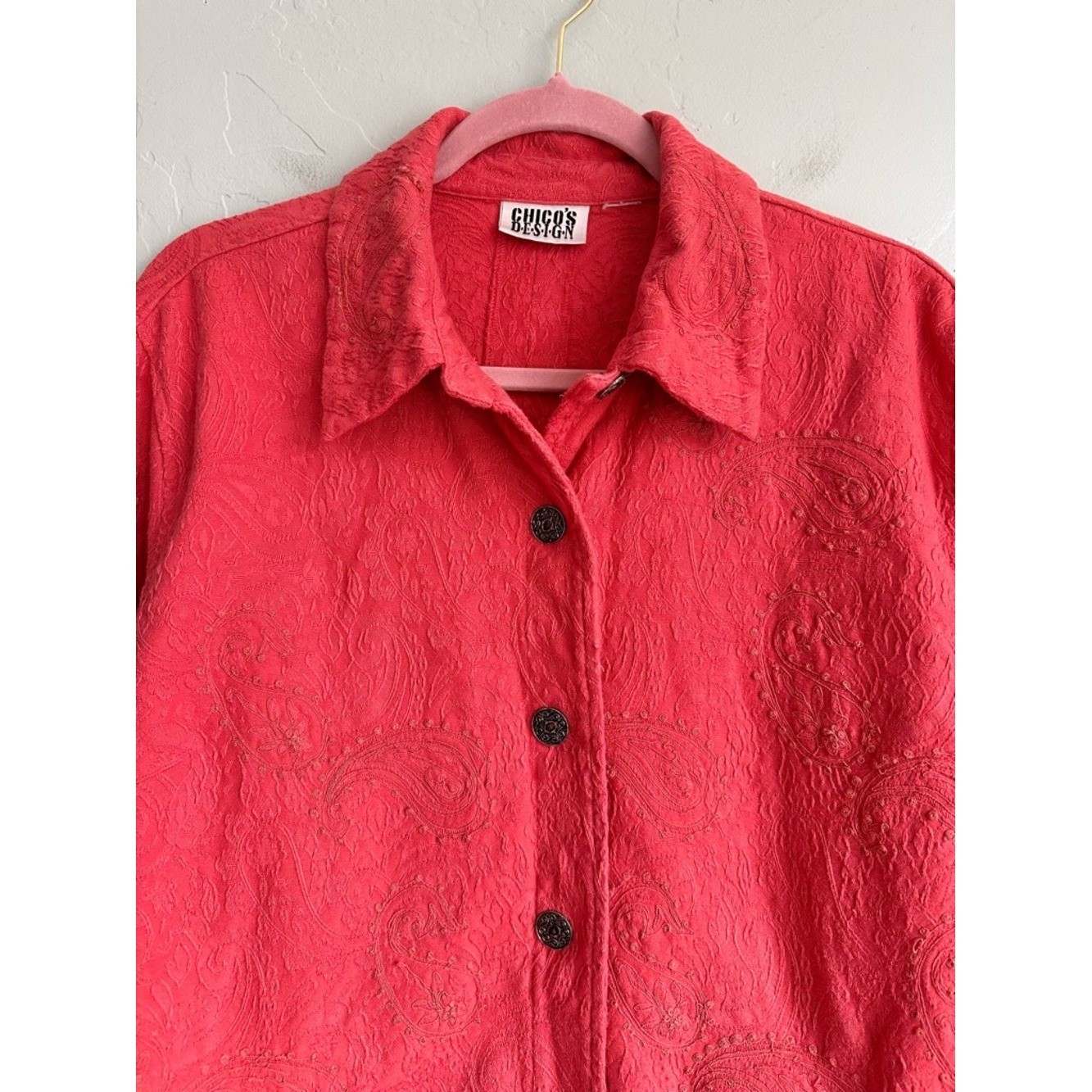 90’s Vintage Chico’s Design Coral Salmon Pink Embroidered Button Jacket Large