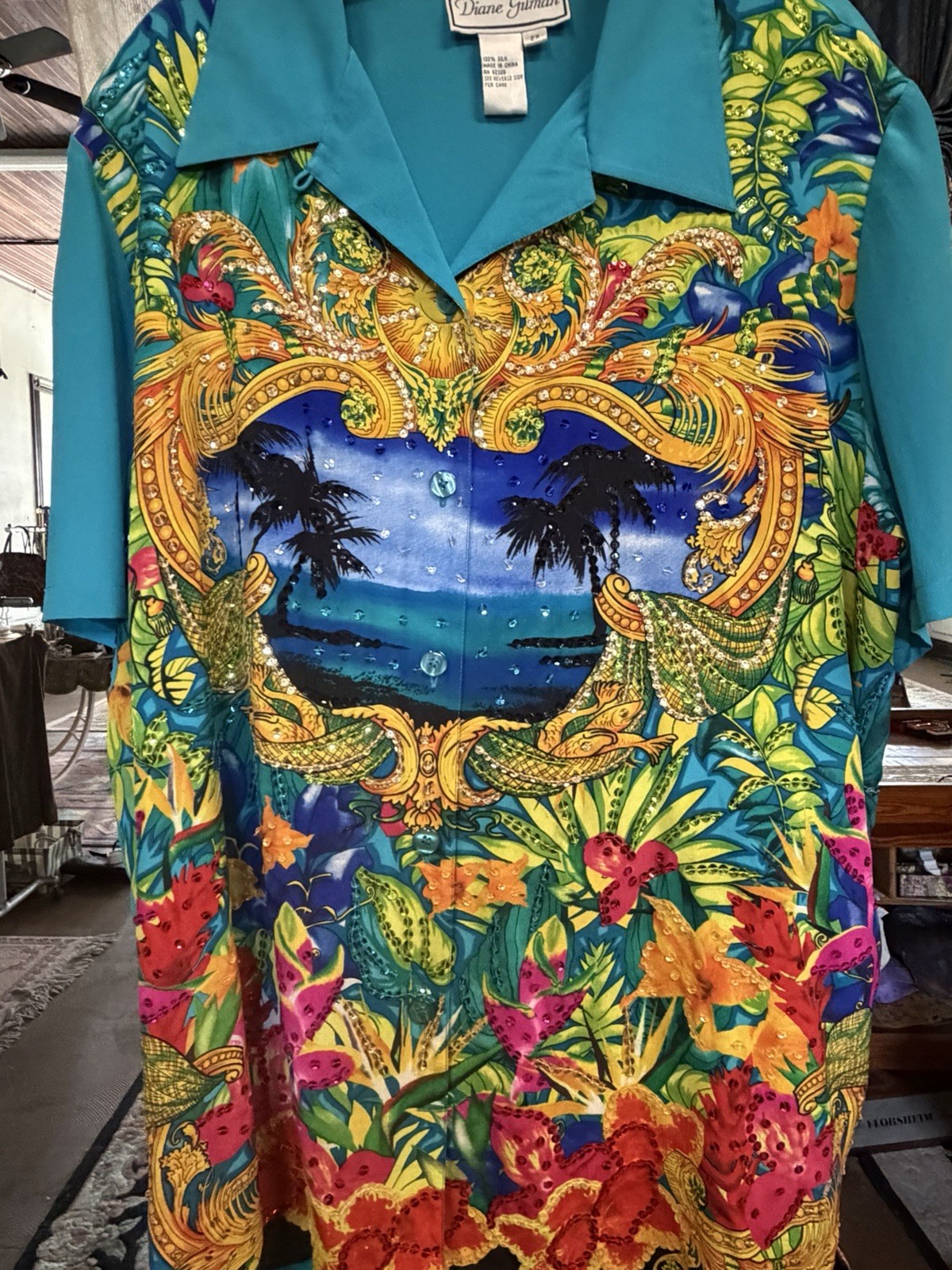 Diane Gilman 2X 100% Silk Tropical Sequin Blouse Embellished Resort Wear