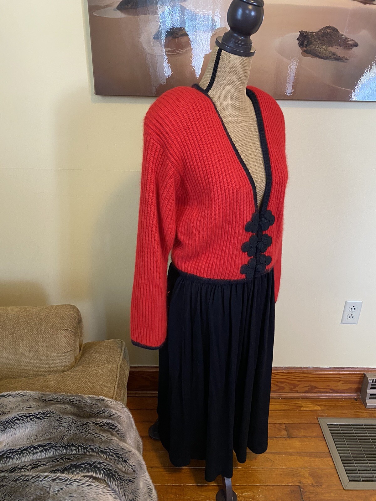 VTG 80s Liz Claiborne Red Black silk angora sweater Carol Little wool skirt S￼/M