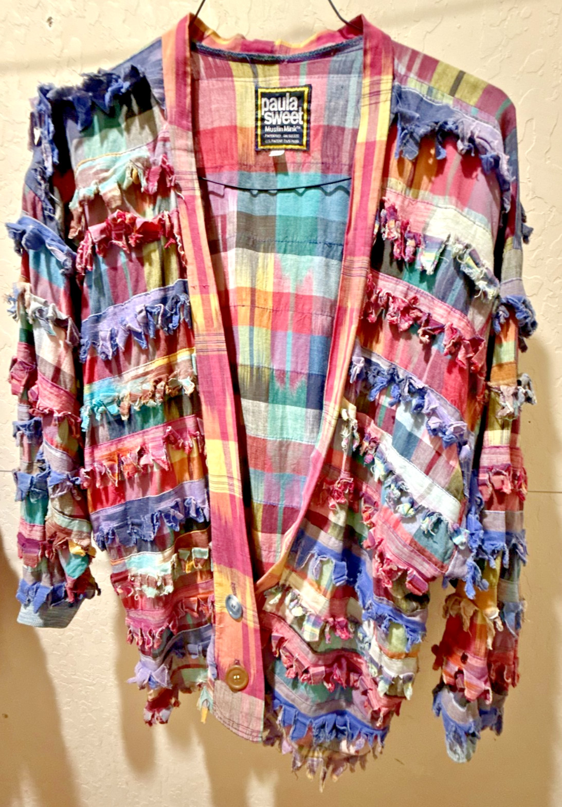 PAULA SWEET Vintage 80s/90s Muslin Mink Fringe Shag Sweater Cardigan Size S