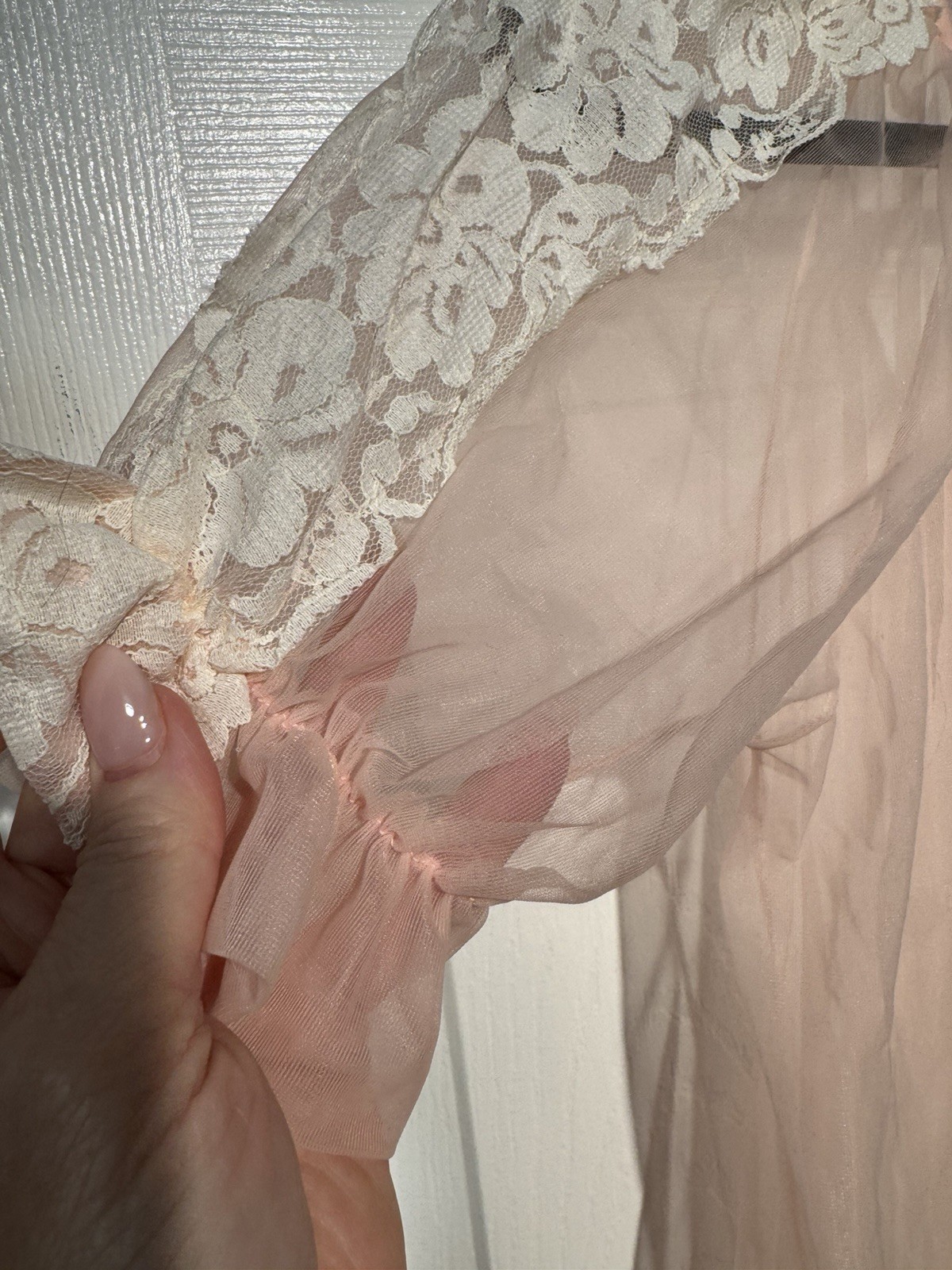 Vintage Sheer Nylon Chiffon Robe Babydoll Pink Lace Sz S Peignoir Sabrina