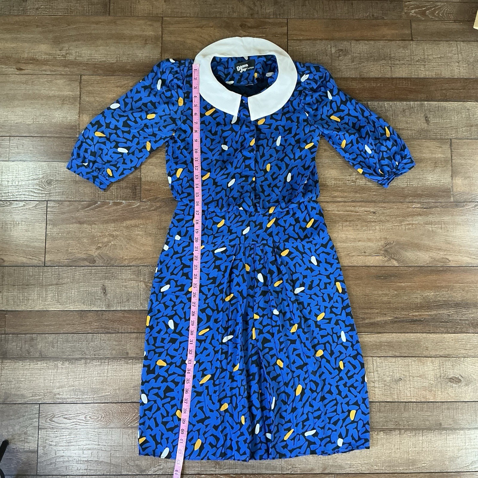 80s VTG Dawn Joy Fashions Dress Sz M Blue Abstract Print Peter Pan Collar 401014