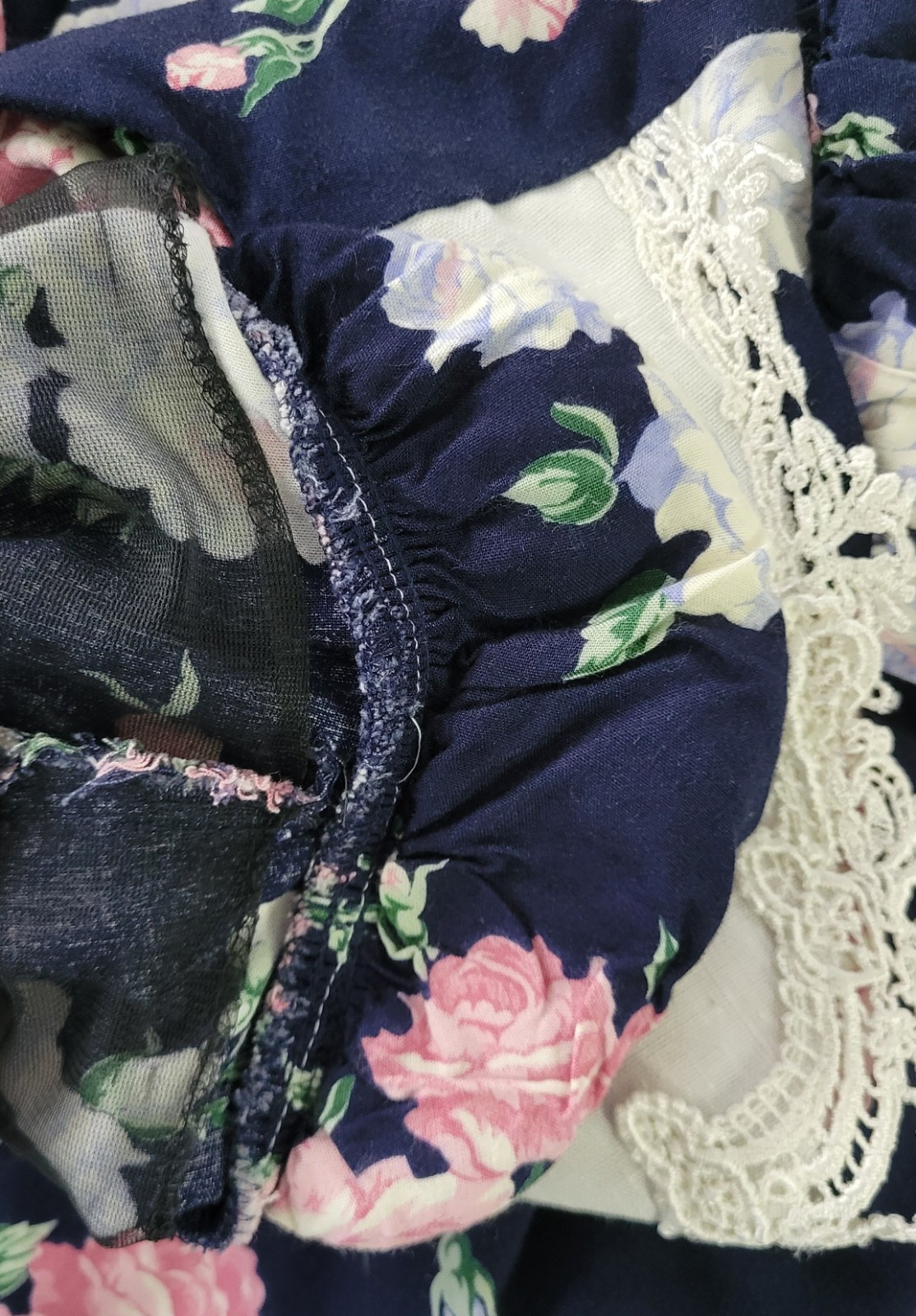 Vtg Lisa II Navy Blue Floral Blouson Dress w White Crochet Trimmed Bib Size M?