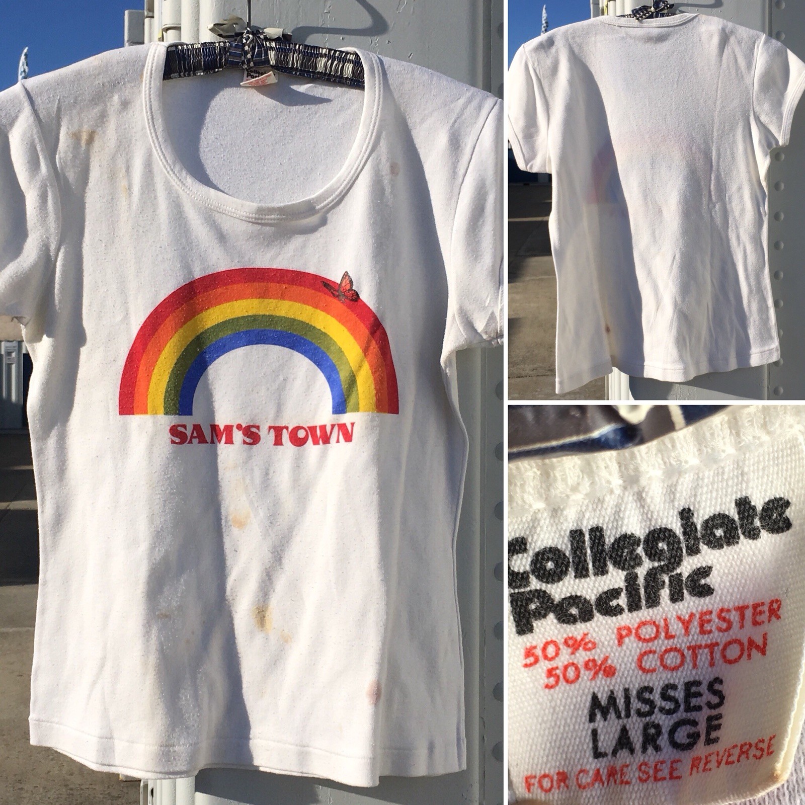 Vintage SAMS TOWN Rainbow Graphics W/ Butterfly T Shirt 70s 80s Misses Large