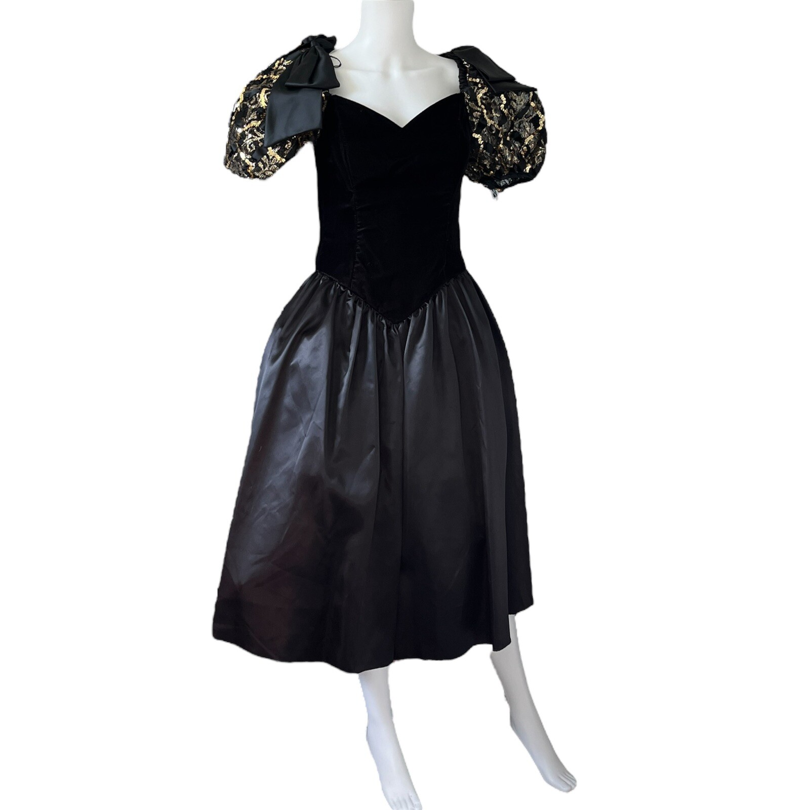 Vintage Roberta Black Velvet Tafetta Puff Sleeve Dress Satin Bow Gold Sequin