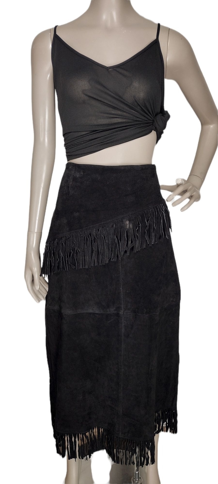 Vintage Boho Western Fringe Cowgirl Black Suede Full Length High-Waist Skirt