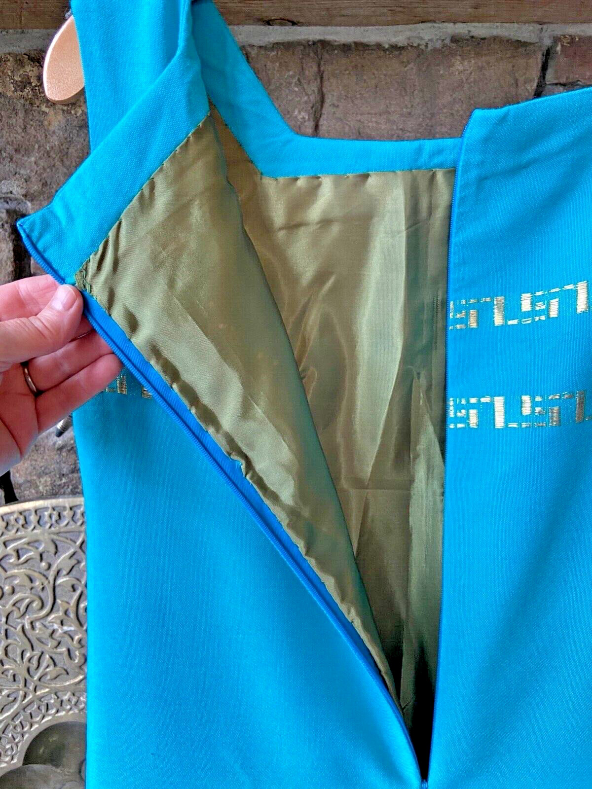 Vintage 60’s Turquoise Mod Shift Dress, Women’s 8-10 Gold embroidery GoGo