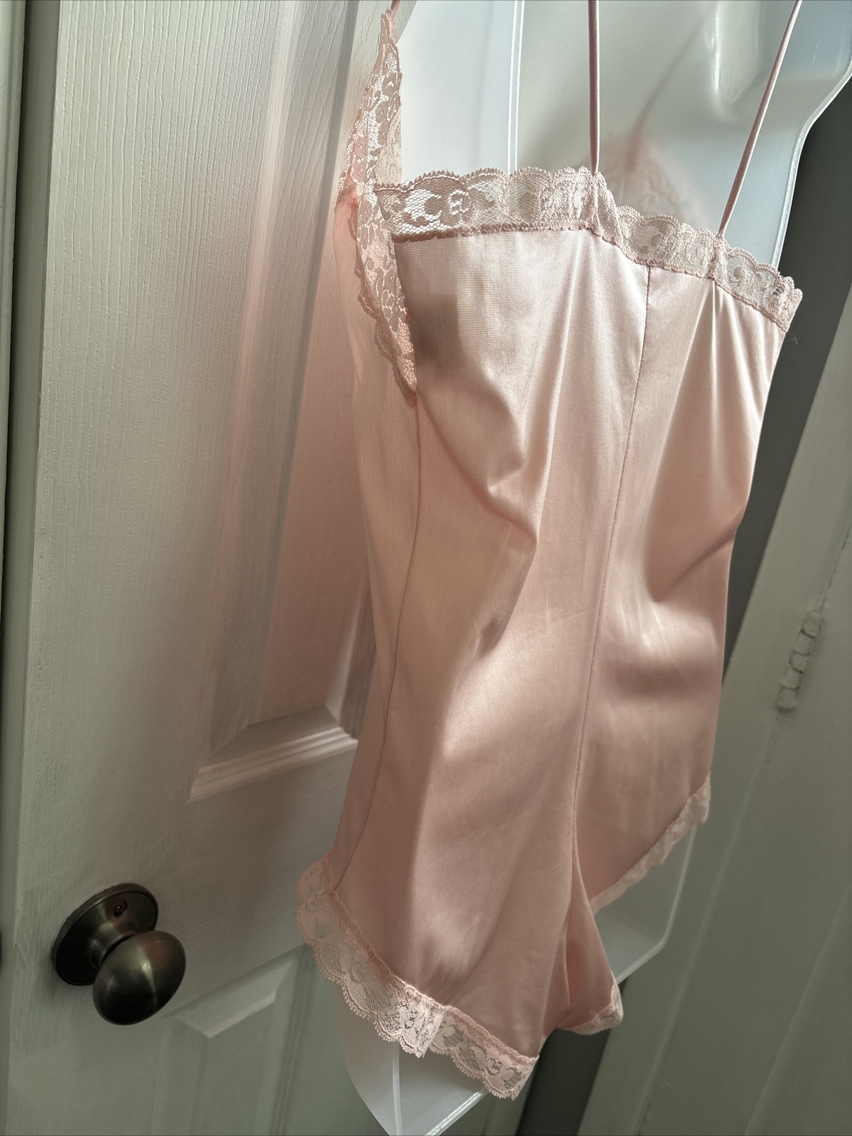 VTG Nylon Antron Satin Lace Teddy Bodysuit Playsuit Panty Sissy Romper USA Med