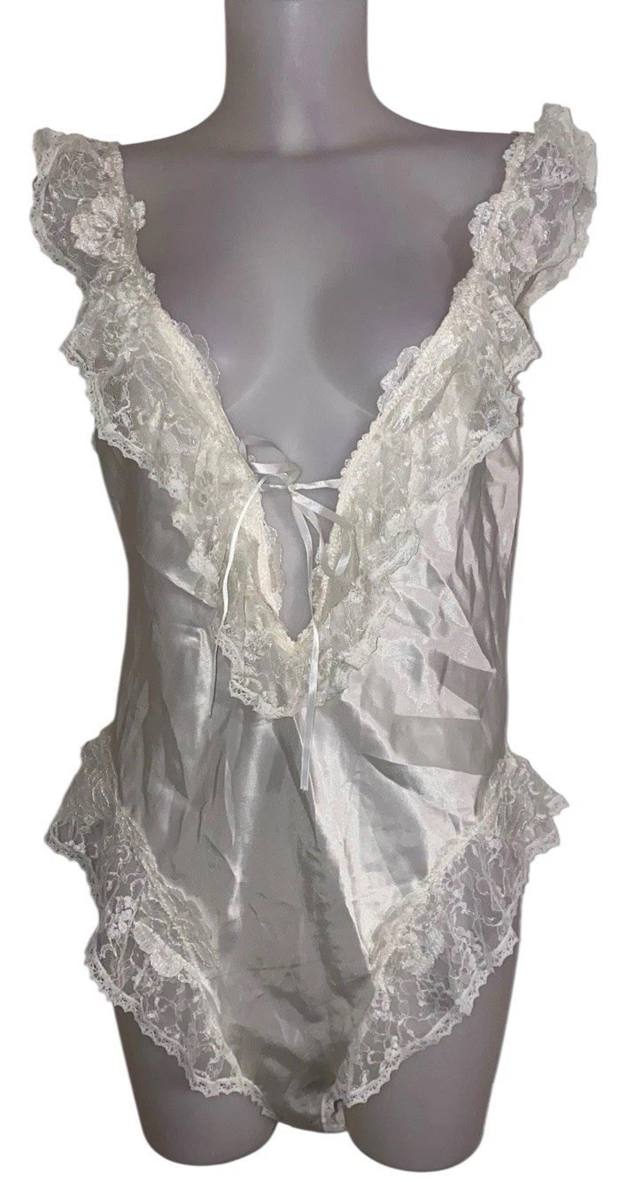 VTG Samye Newman Sz L Victorian Ivory Ruffled Teddy Satin Sheer Kawaii Lingerie