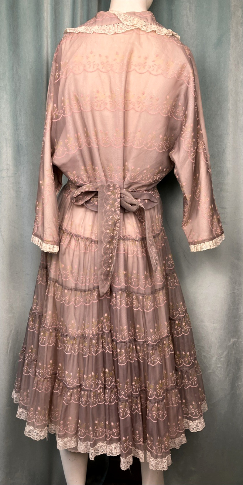 M L 50s UNIQUE Flocked Nylon Overlay Boudoir Hostess Shirt Dress Novelty Floral