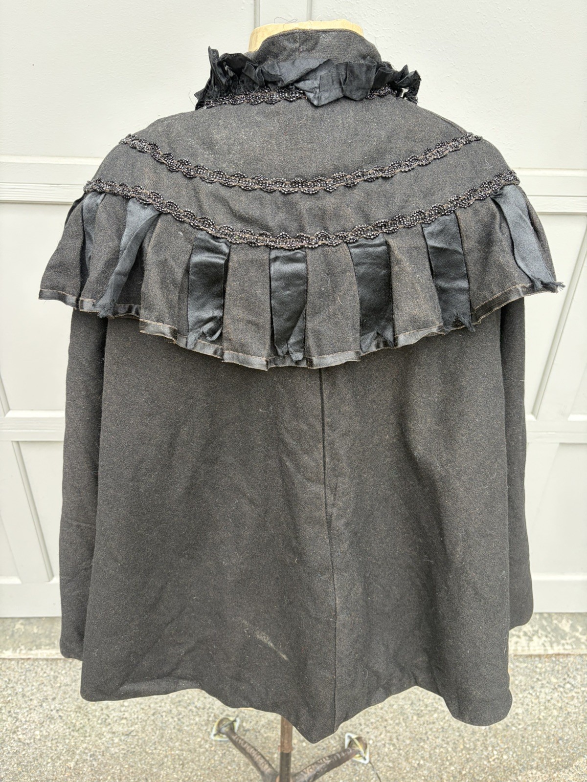 Antique Victorian Black Wool Beaded Evening Cape Capelet Cloak Mourning 1800s