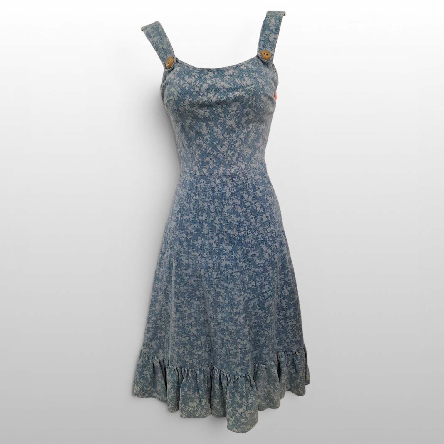 Vintage 1970s Blue Floral Denim Prairie Style Sundress Size Small/Medium