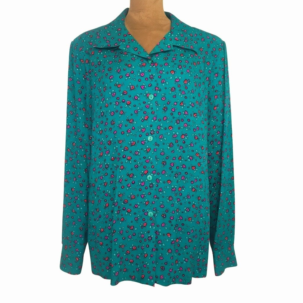 Claude Vintage Fun Floral Button Down Blouse Green Pink 80s Women’s USA 16
