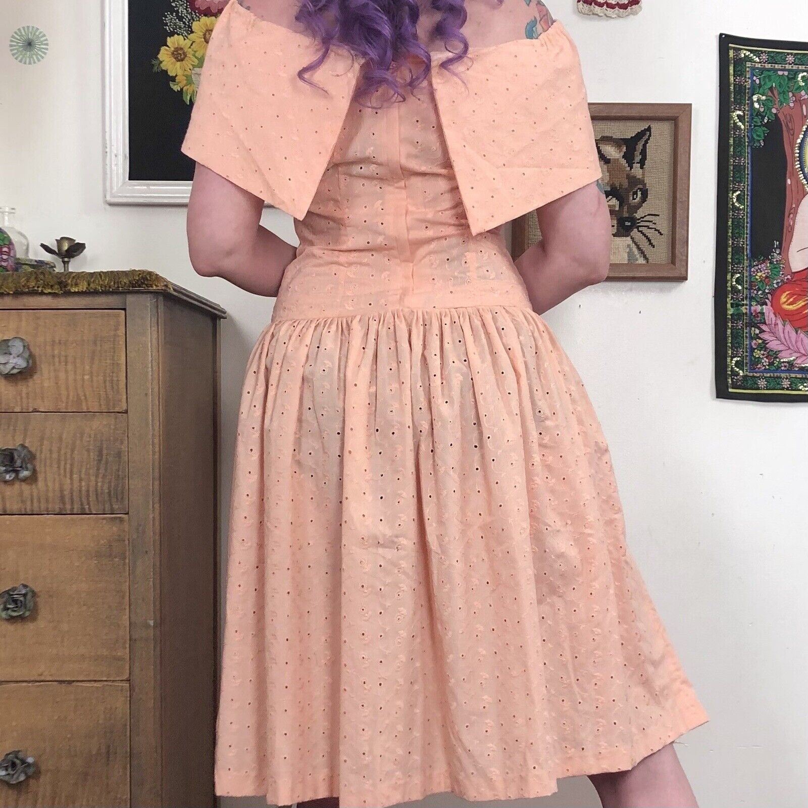 Vintage Eyelet Dress, 1980s Peach Cotton Cottagecore Dress, Off-Shoulder Size S