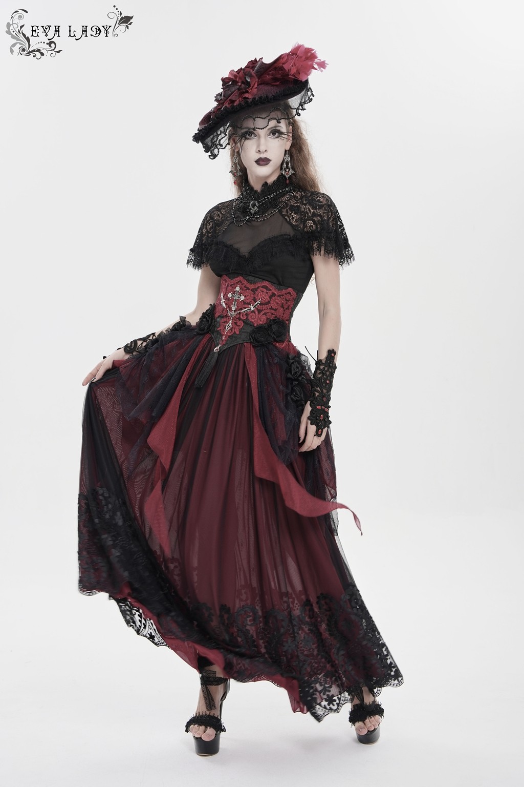 Eva Lady Women Black Red Retro Gothic Elegant Cross Bat Corset With Tulle Skirt