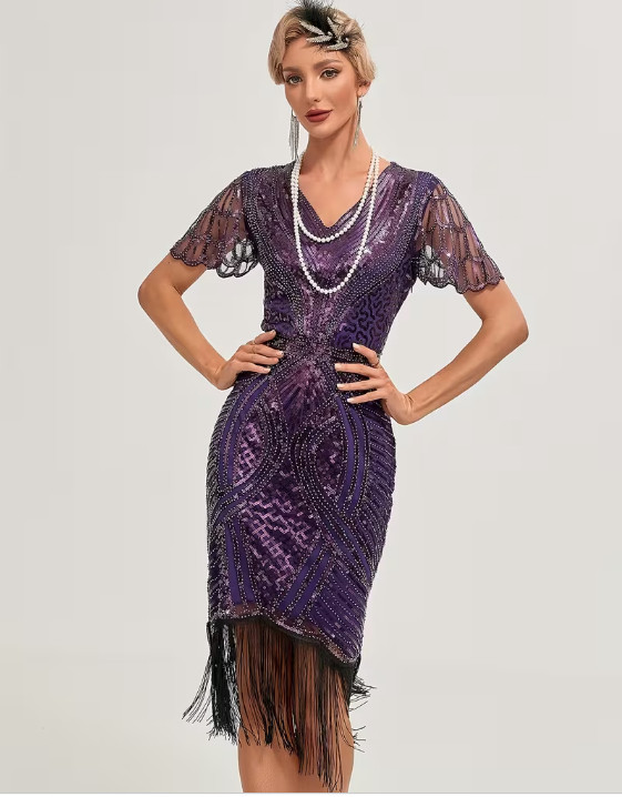 FLAPPER 1920s DRESS-Purple Sequin Fringed Flapper Party Dress, 3 Sizes