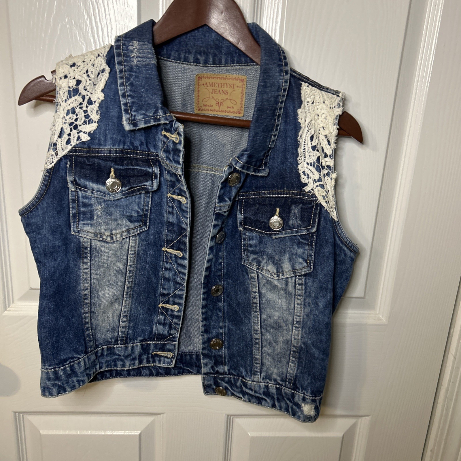 Amethyst Denim Distressed Jean Vest with White Crochet Accents Size Large