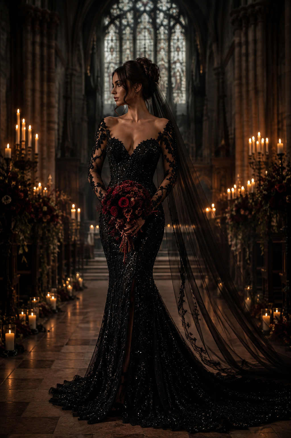 Vintage 80s 90s Mermaid Dress Gothic Wedding Beaded Evening Gown Train 32 34