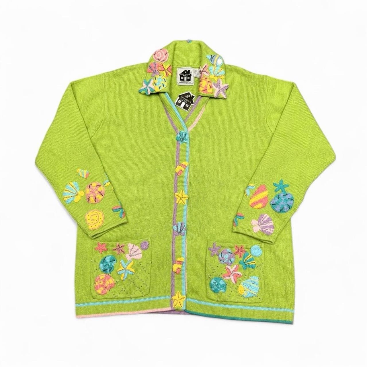 Story Book Knits Sweater NWT Green Beaded Embellished Shells Nautical Ocean