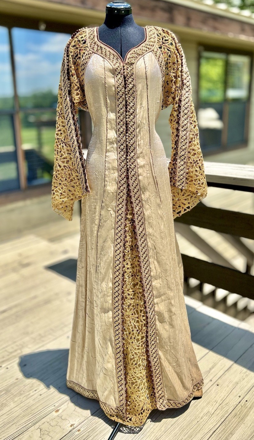 Vtg Moroccan Crepe Silk Kaftan Dress Large Gold Embroidery Sequins Handmade