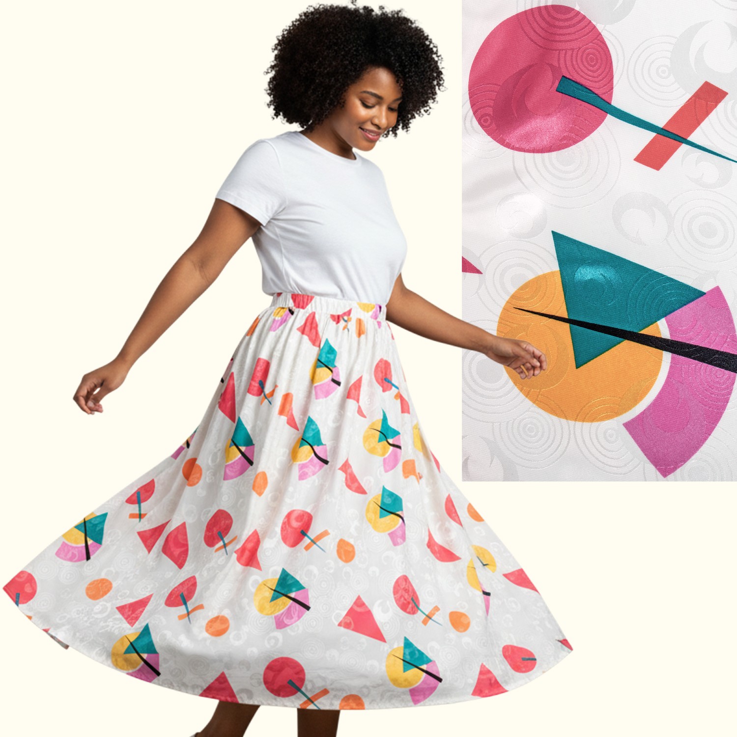 1980s Vintage Satin Jacquard Midi Skirt New Wave Postmodern Memphis Colorful L