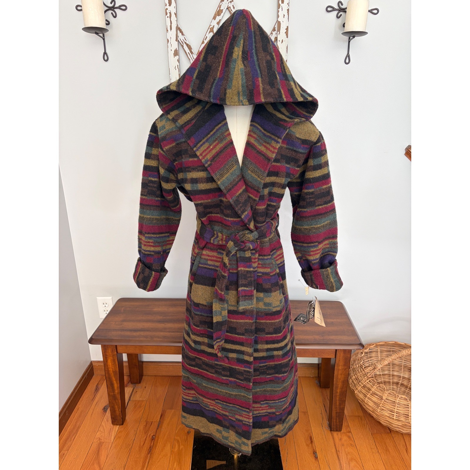 Vtg Wool Blend Long Wrap Coat Hooded Aztec Print New Old Stock Size 5/6 Woman’s