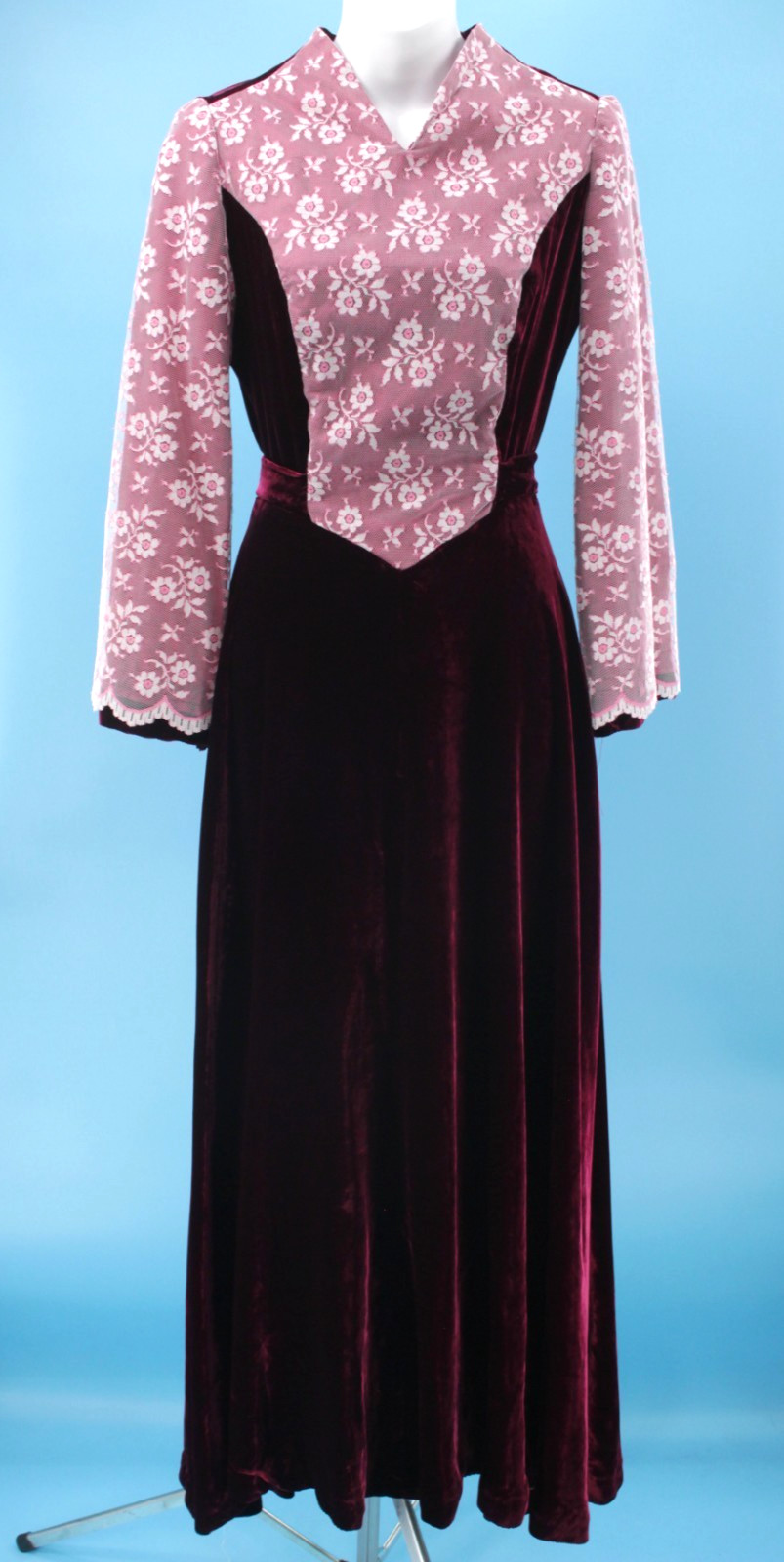 VTG Women’s 70s Maroon Velvet W/ White & Pink Lace Overlay Maxi Dress XS/S 1970s