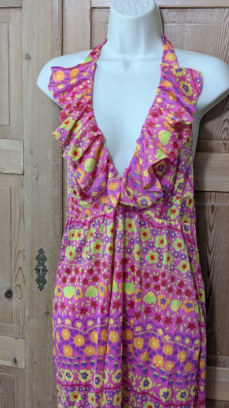 Vintage 1960’s Joseph Magnin Flower Power Mod Halter Maxi Dress Sz Small Nylon