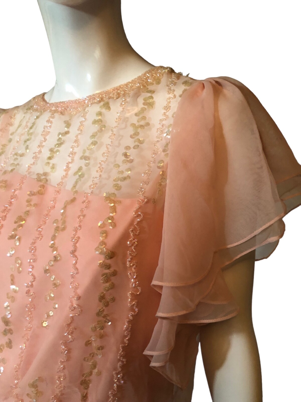 Vtg 70s 80s JACK BRYAN Dress Set 14 M Pink RUFFLE Beaded SEQUIN CHIFFON COQUETTE